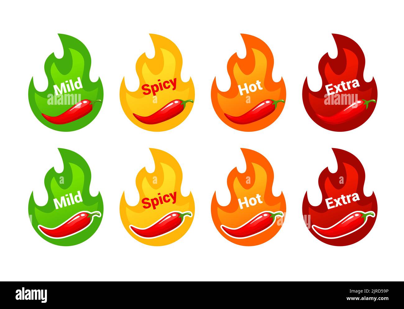 Hot spicy level labels with fire flames. Tabasco sauce or cayenne pepper spicy scale with fire