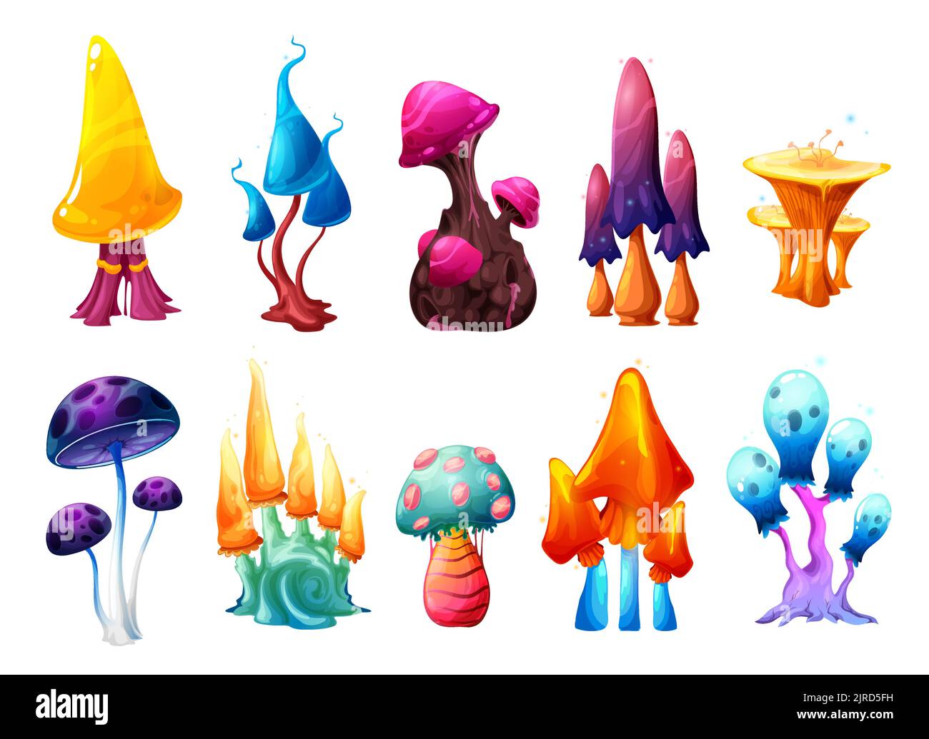Magic fairy cartoon mushrooms set. Vector fantasy toadstools, hallucinogenic fungi, isolated alien unusual plants with curve stipes and odd colorful caps. Natural poisonous fairytale game asset Stock Vector