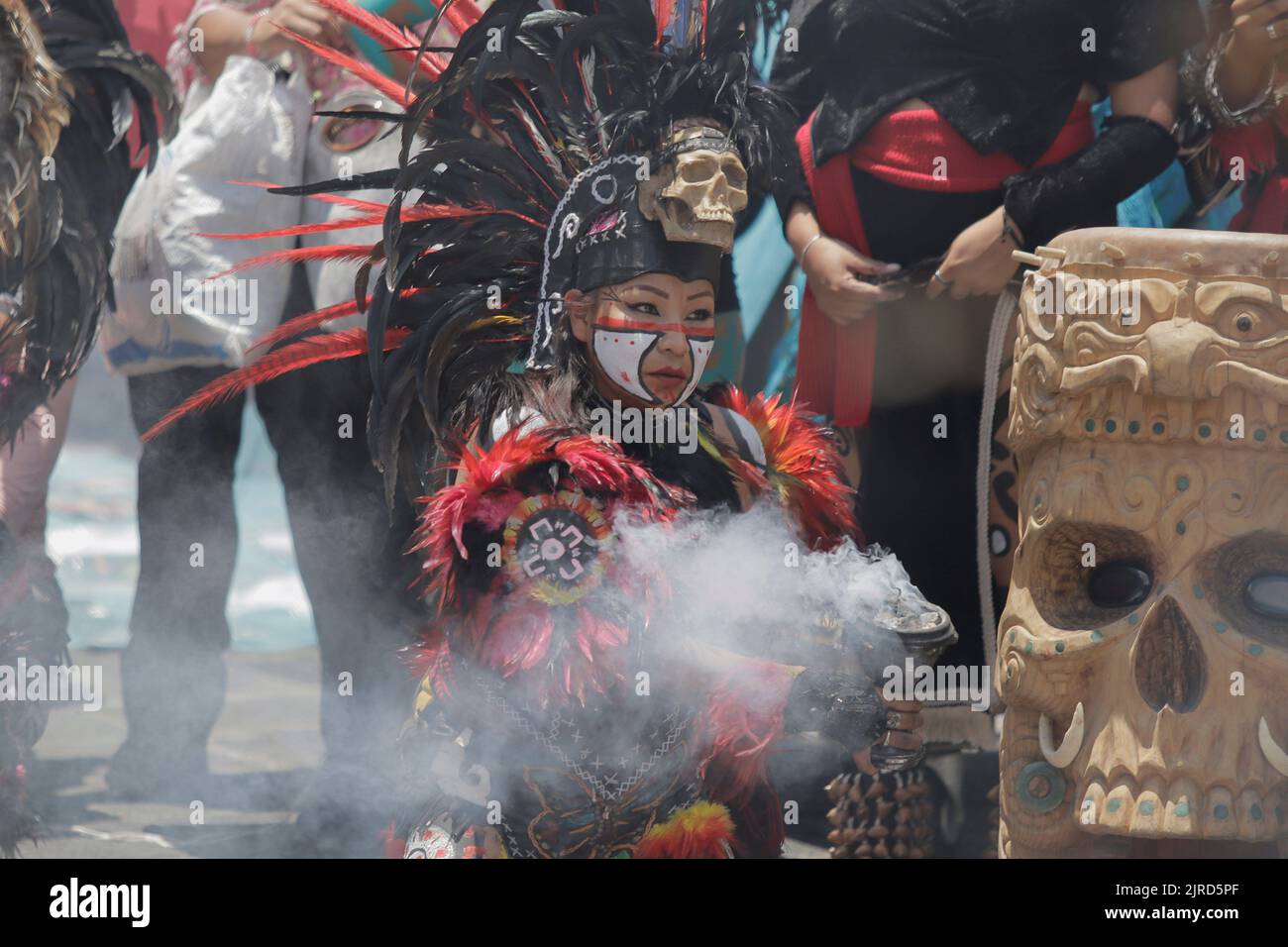 Aztec Purification Ritual August 23, 2022, Mexico City; Mexico: Pre-Hispanic dancers disguised as ...