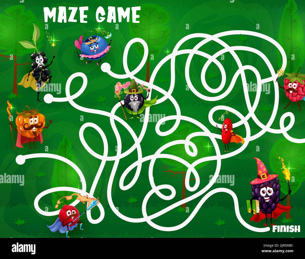 Labyrinth maze. Cartoon funny wizard and magician berries characters on ...