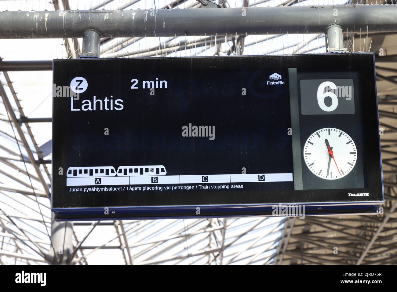 Helsinkim Finland - August 20, 2022: Platform destination information sign at rack 6 with departure time for the train to Lahtis at the Helsinki centr Stock Photo
