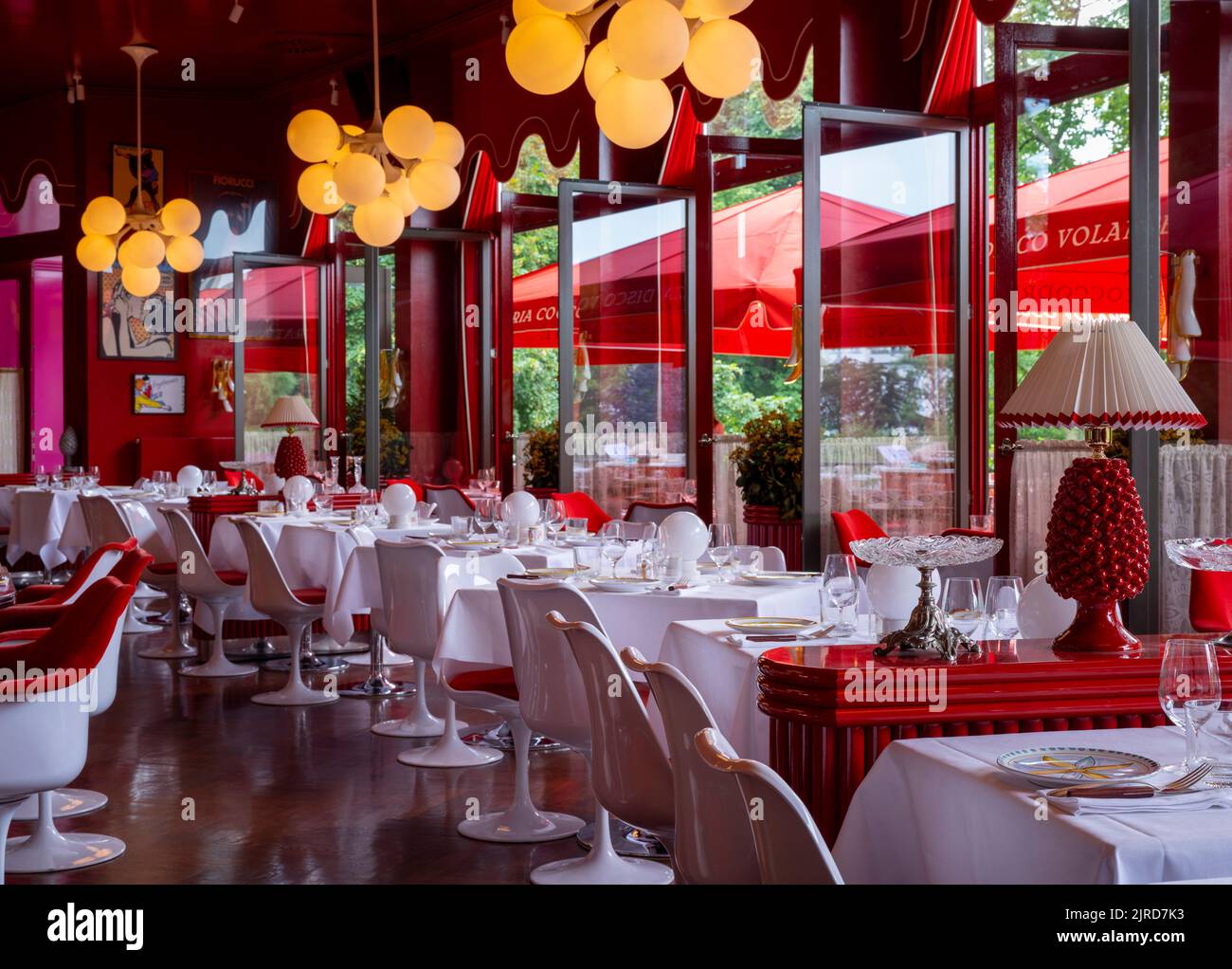 Berlin, Germany. 19th Aug, 2022. View of the dining room in the 'Coccodrillo' restaurant in Weinbergspark. The main thing 'Instagrammable' seems to be the motto of some new restaurants. Credit: Monika Skolimowska/dpa/Alamy Live News Stock Photo
