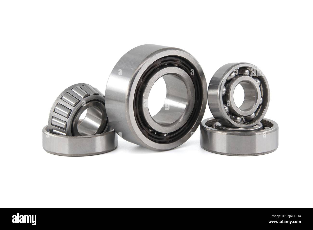 Set of various ball and roller bearings on white background. Car bearings, auto parts