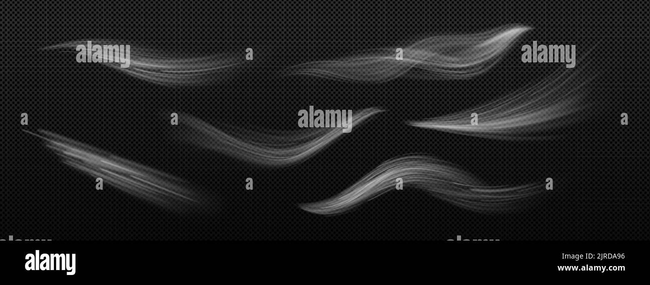 Wind, white smoke or cold air motion effect isolated on transparent background. Vector realistic illustration of abstract wind flows, dust flows or scratch lines Stock Vector