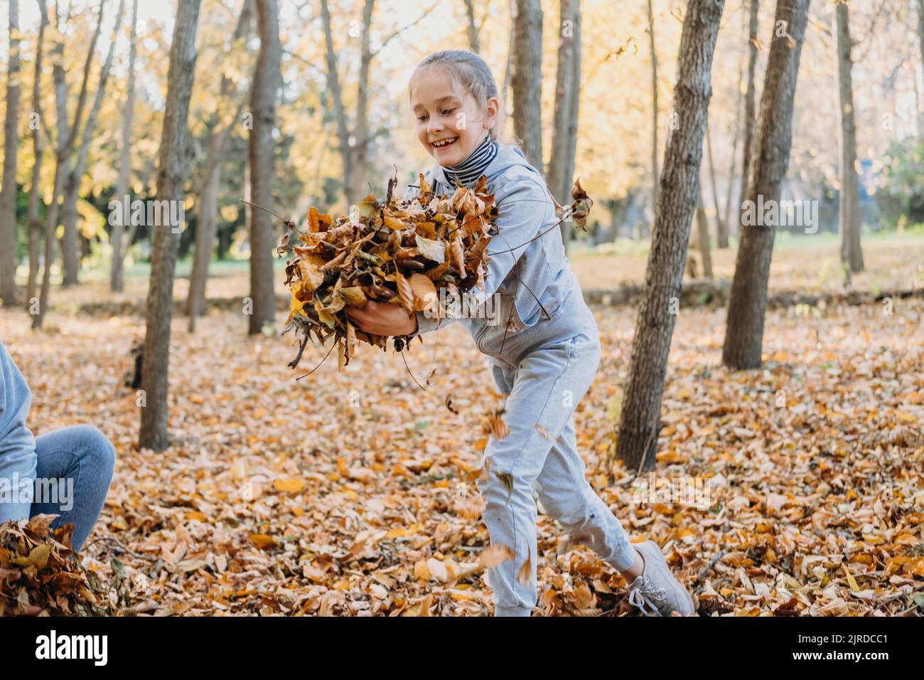 Smiling happy girl playing in autumn park with family, picking leaves ...
