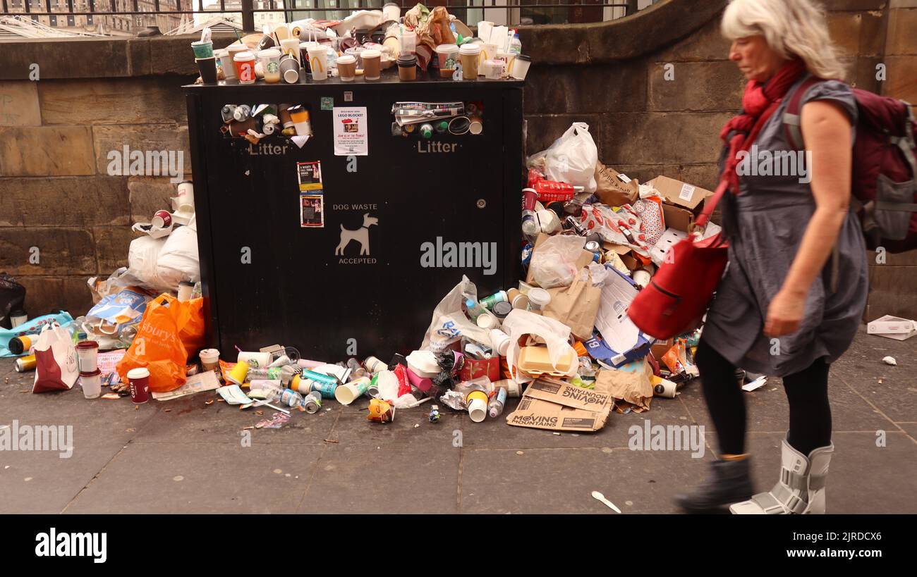 Edinburgh, Scotland, UK 23rd August 2022. Edinburgh streets littered