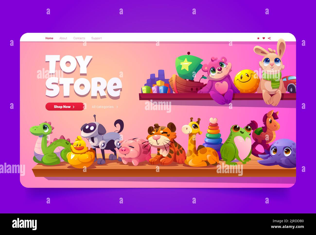 Toy store cartoon landing page with funny kids toys on wooden shelf in shop or market showcase, plush animals, piggy bank, smiling ball and robot dog for children games and playing, Vector web banner Stock Vector