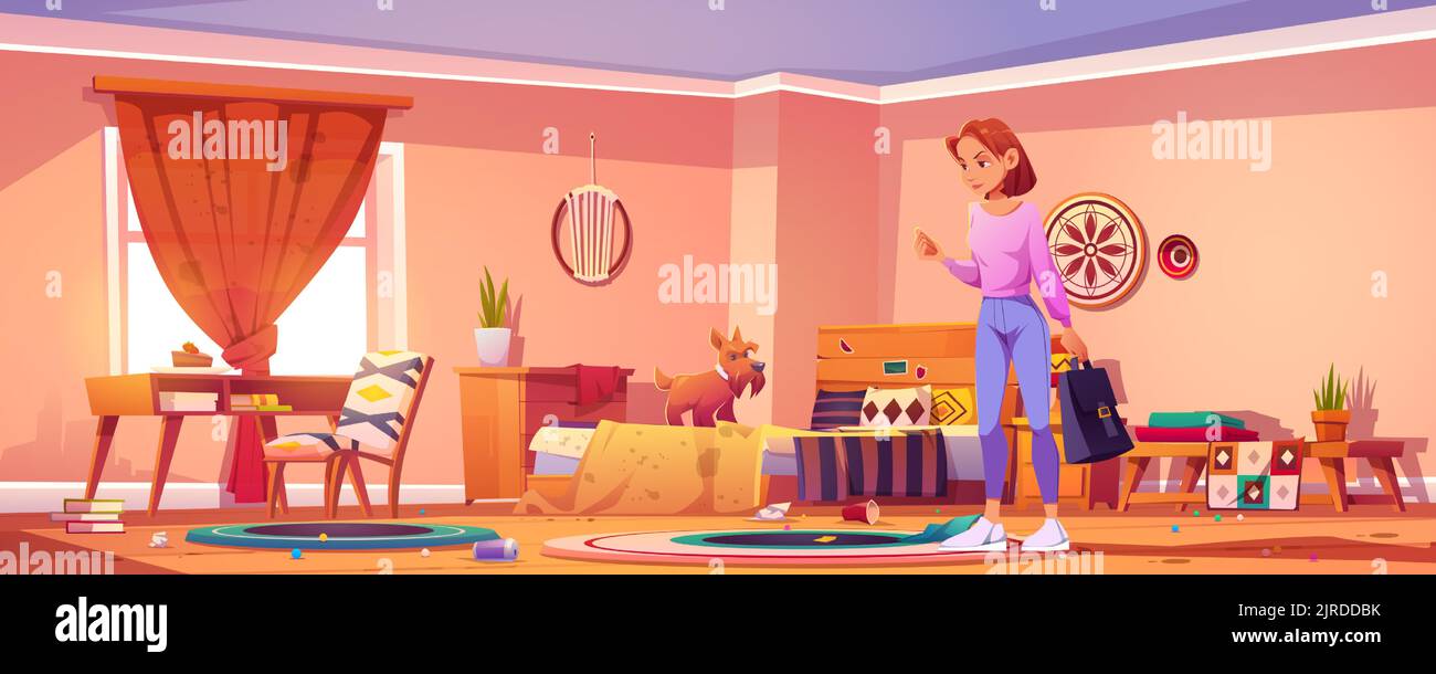 Problem of bad behavior of naughty pet. Guilty dog and angry woman owner in dirty room. Upset girl scolds puppy for mess and chaos in bedroom, vector cartoon illustration Stock Vector