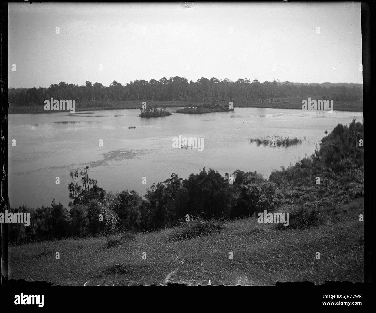 The largest islands of Lake Horowhenua - Roha a te Kawau and Waikiekie - situated near the Hokio outlet 1.1.08 , 01 January 1908, by Leslie Adkin. Gift of G. L. Adkin family estate, 1964. Stock Photo