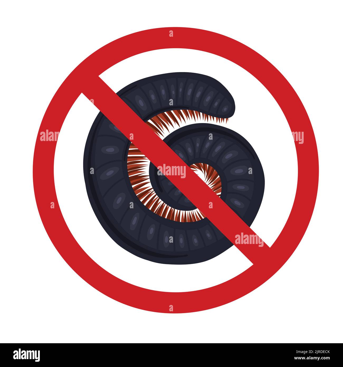 Vector forbidden sign with an insect in roll. Scolopendra in sign of prohibition. Centipede bite danger. Do not touch rare animals. Stock Vector