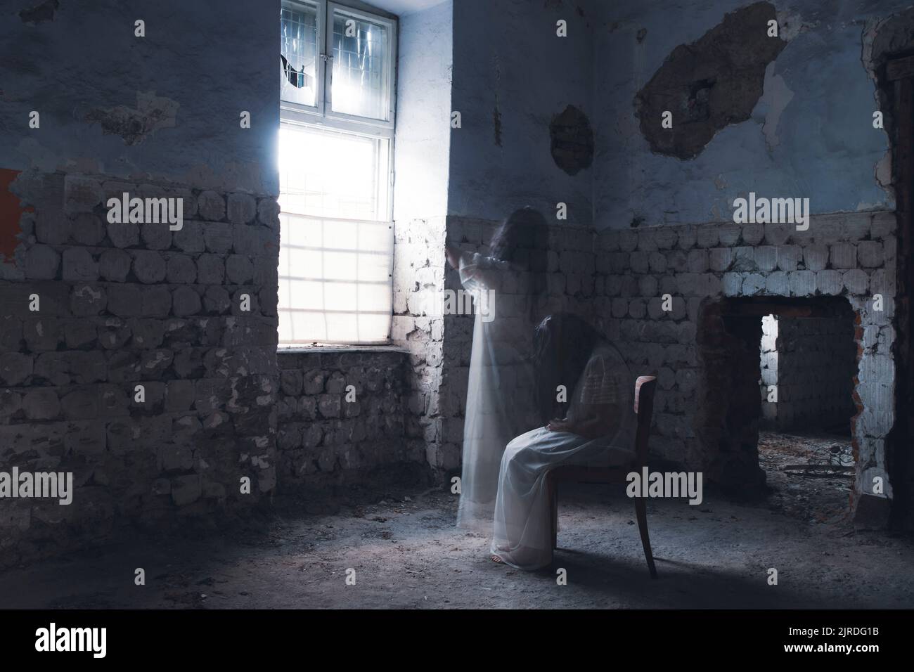 Ghost in abandoned, haunted house. Horror scene of scary spirit of a ...