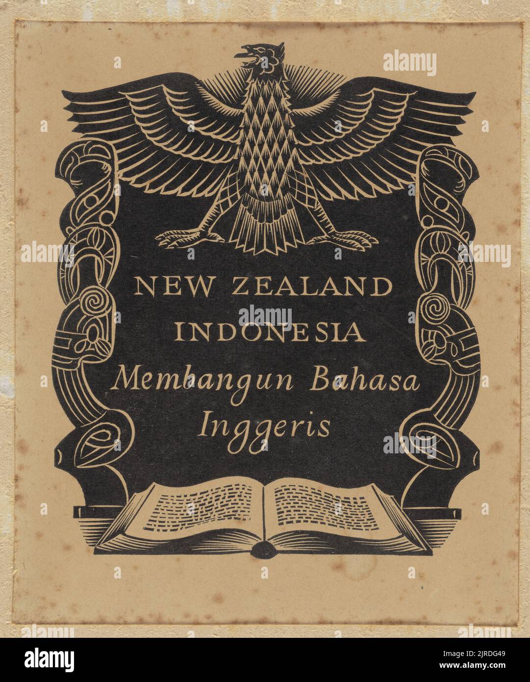 Bookplate: New Zealand Indonesia Membangun Bahasa Inggeris., 1960, Wellington, by E Mervyn Taylor. Gift of Mrs E Henderson, 1987. Stock Photo