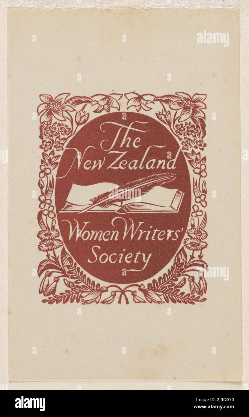 Bookplate: The New Zealand Women Writers Society, 1955, Wellington, by E Mervyn Taylor. Gift of Mrs E Henderson, 1987. Stock Photo