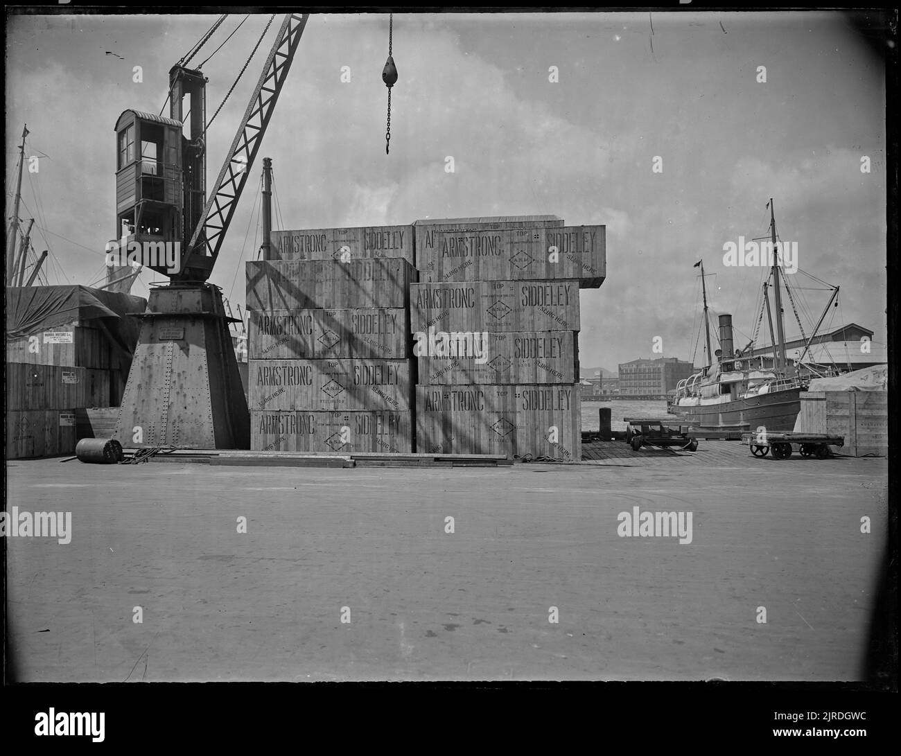 Containers on a wharf, circa 1930, Wellington, by Gordon Burt, Gordon H ...
