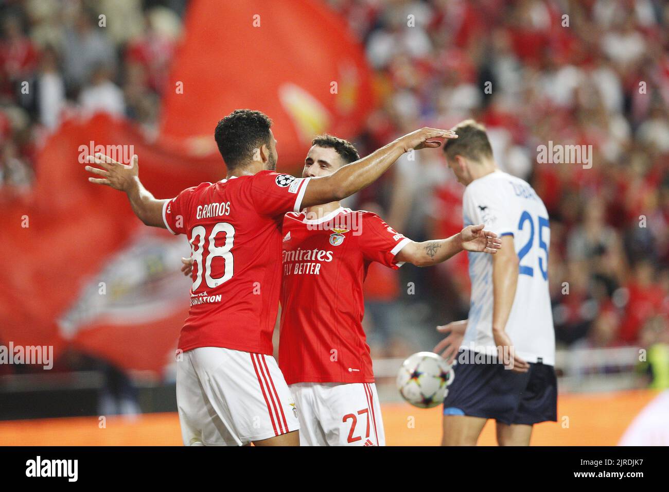 Rafa Silva of SL Benfica score 2-0 and celebrates with Goncalo Ramos of SL Benfica during the UEFA Champions League, Play-offs, 2nd leg football match between SL Benfica v Dynamo Kyiv on August 23, 2022 at Estadio da Luz in Lisbon, Portugal - Photo Joao Rico / DPPI Stock Photo