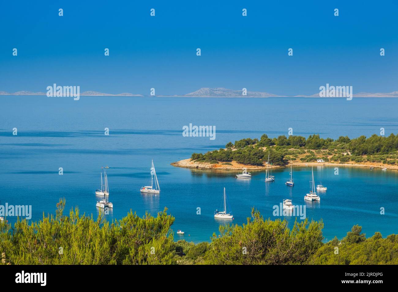 Panoramic view on Kosirina lagoon on Murter island in Croatia, anchored