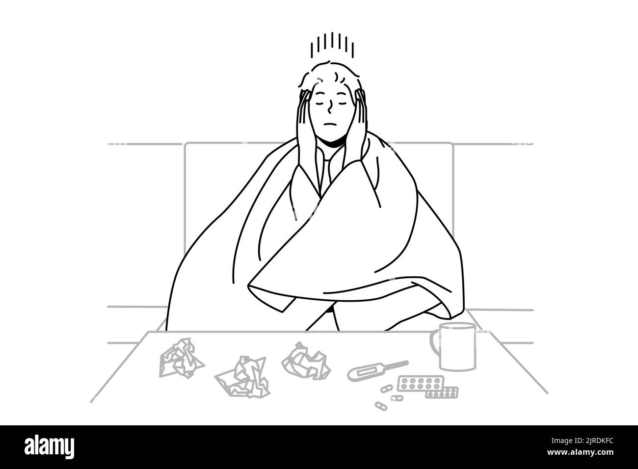 Man sitting in blanket struggle with cold or influenza. Unhealthy male