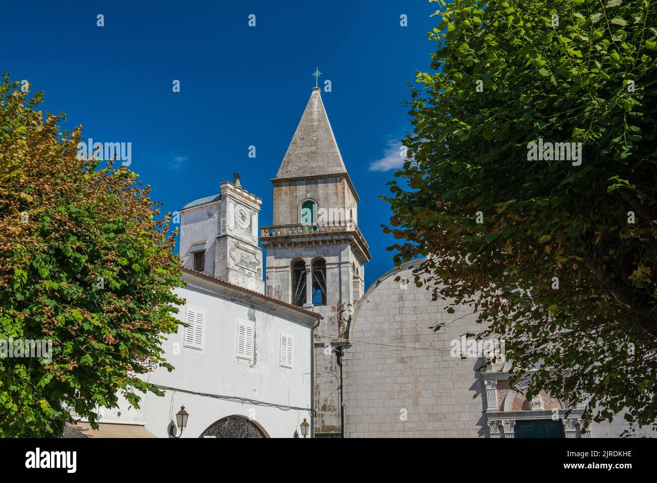 Cathedral tower in old town of Osor, island of Cres, Croatia Stock Photo