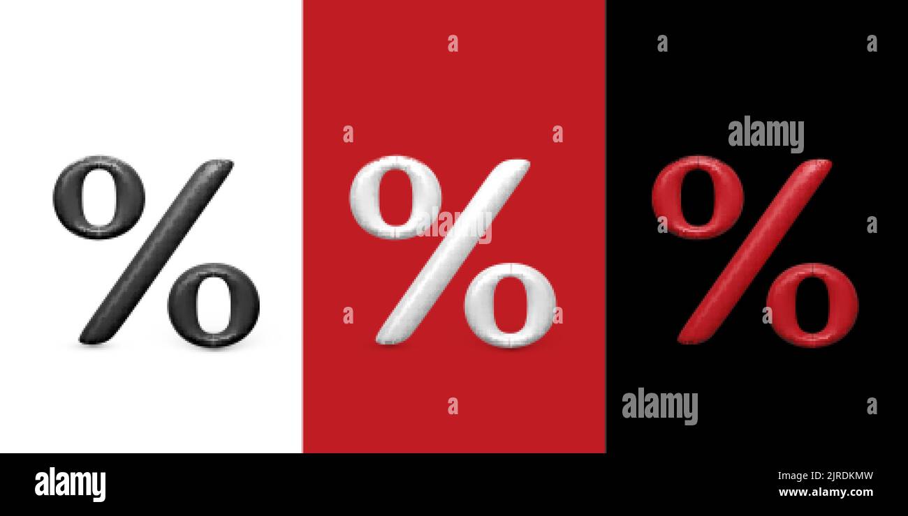 Persentage signs set. 3D percent on white red and black background. Rebate symbol. Vector illustration Stock Vector