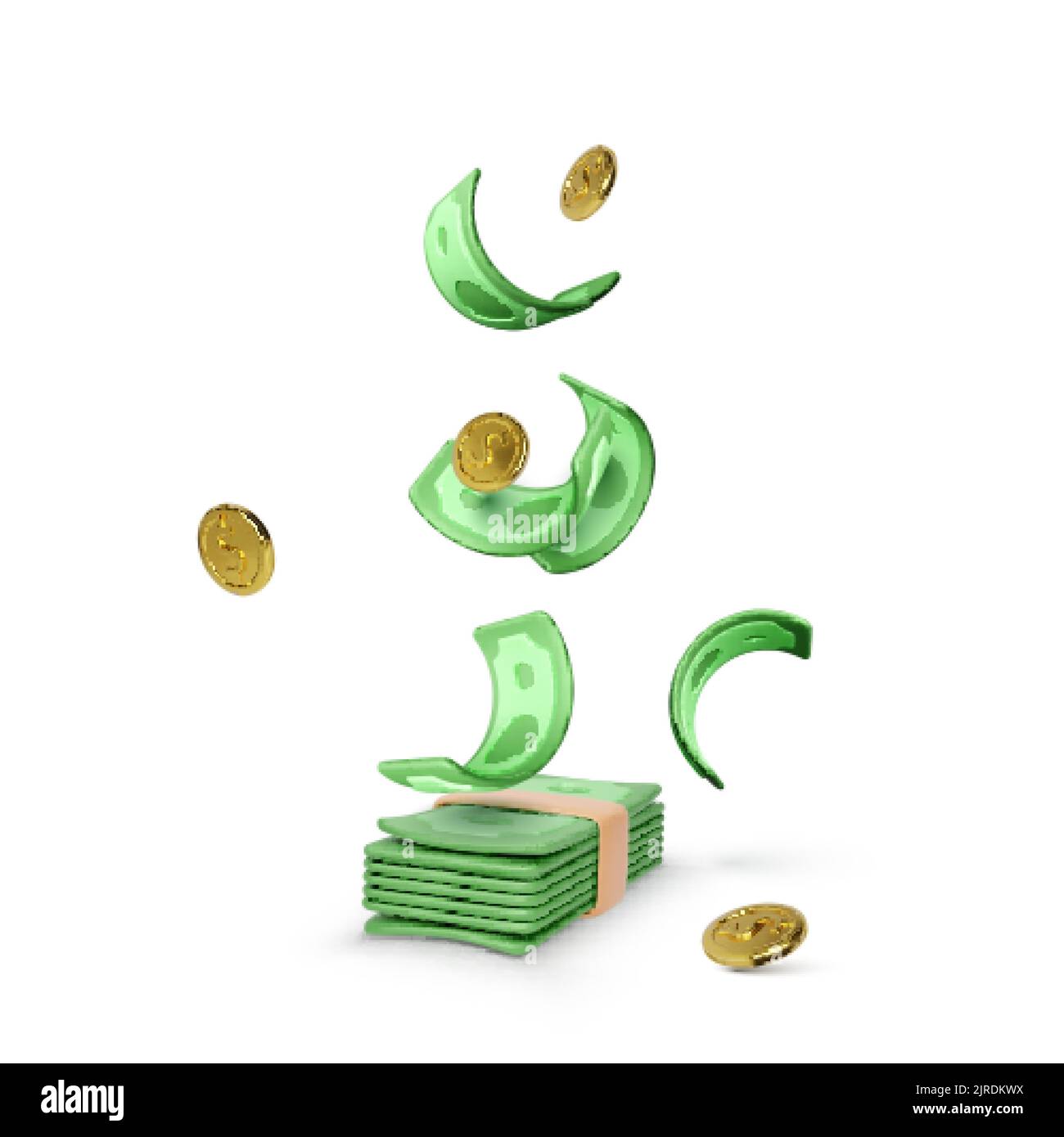 Falling paper currency to wad of money. Bunch of cash with gold coins and green dollars. Stack of money in realistic cartoon style. Vector illustratio Stock Vector