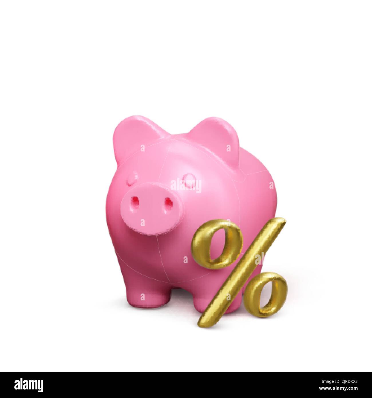 3D pink piggy bank with gold percent symbol. Bank deposit or savings strategy concept. Business and finance success. Vector illustration Stock Vector
