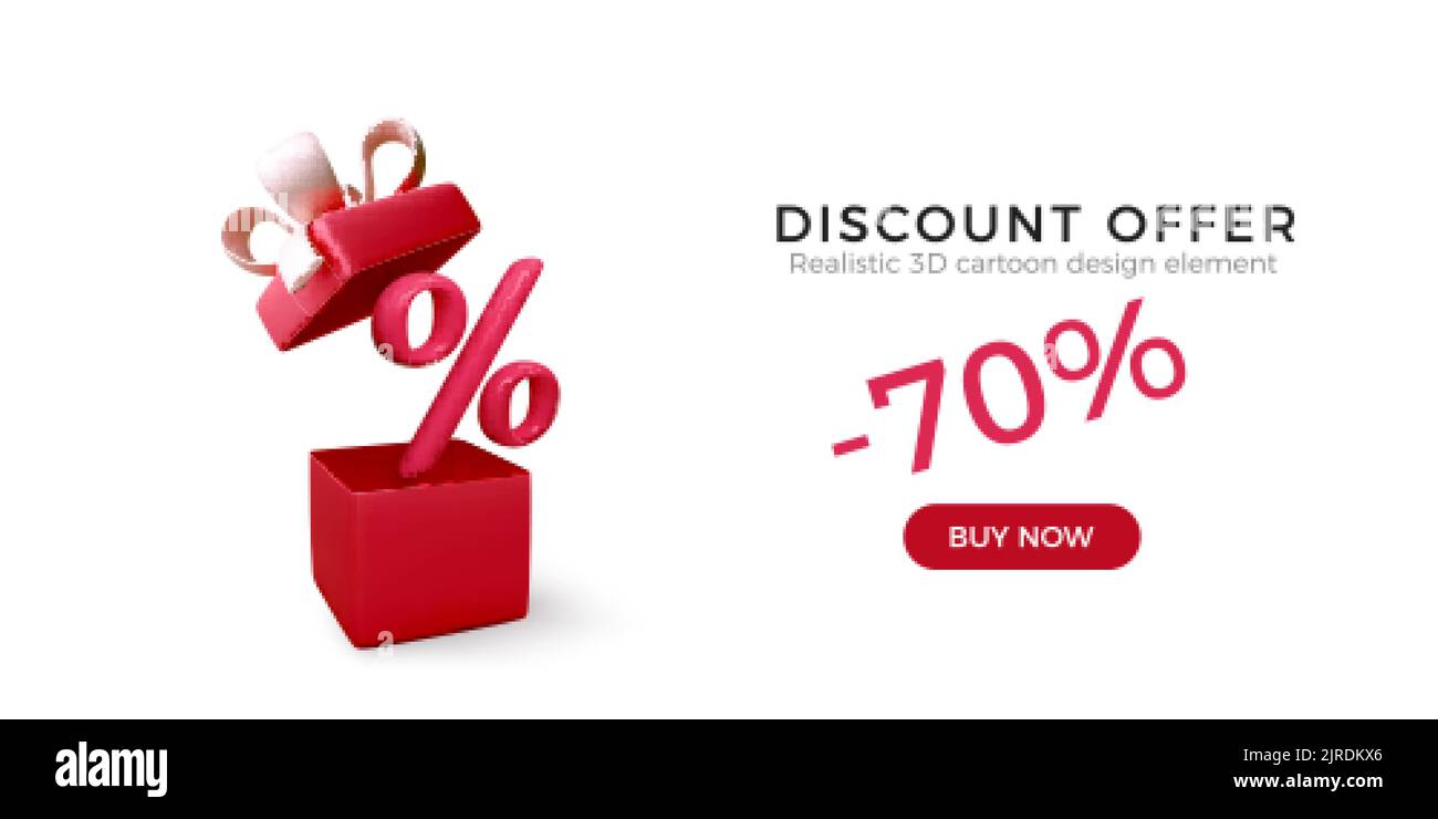 Realistic red open box with pink bow and percent symbol inside. Discount commercial offer. Big Sale holiday banner. Vector illustration Stock Vector