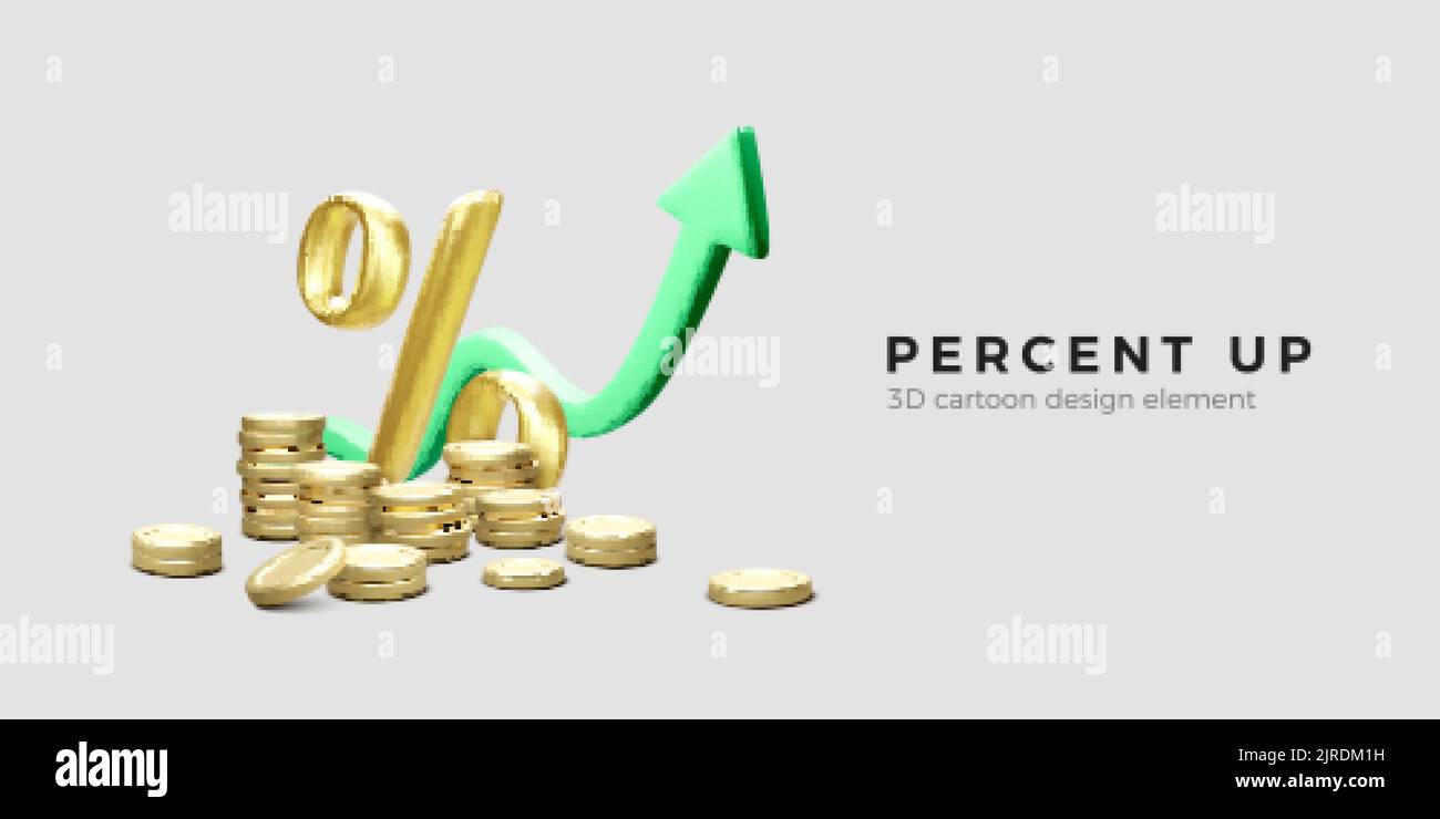 Stacks of gold coins and percent sign with green up arrow. Business or startup success. Vector illustration Stock Vector