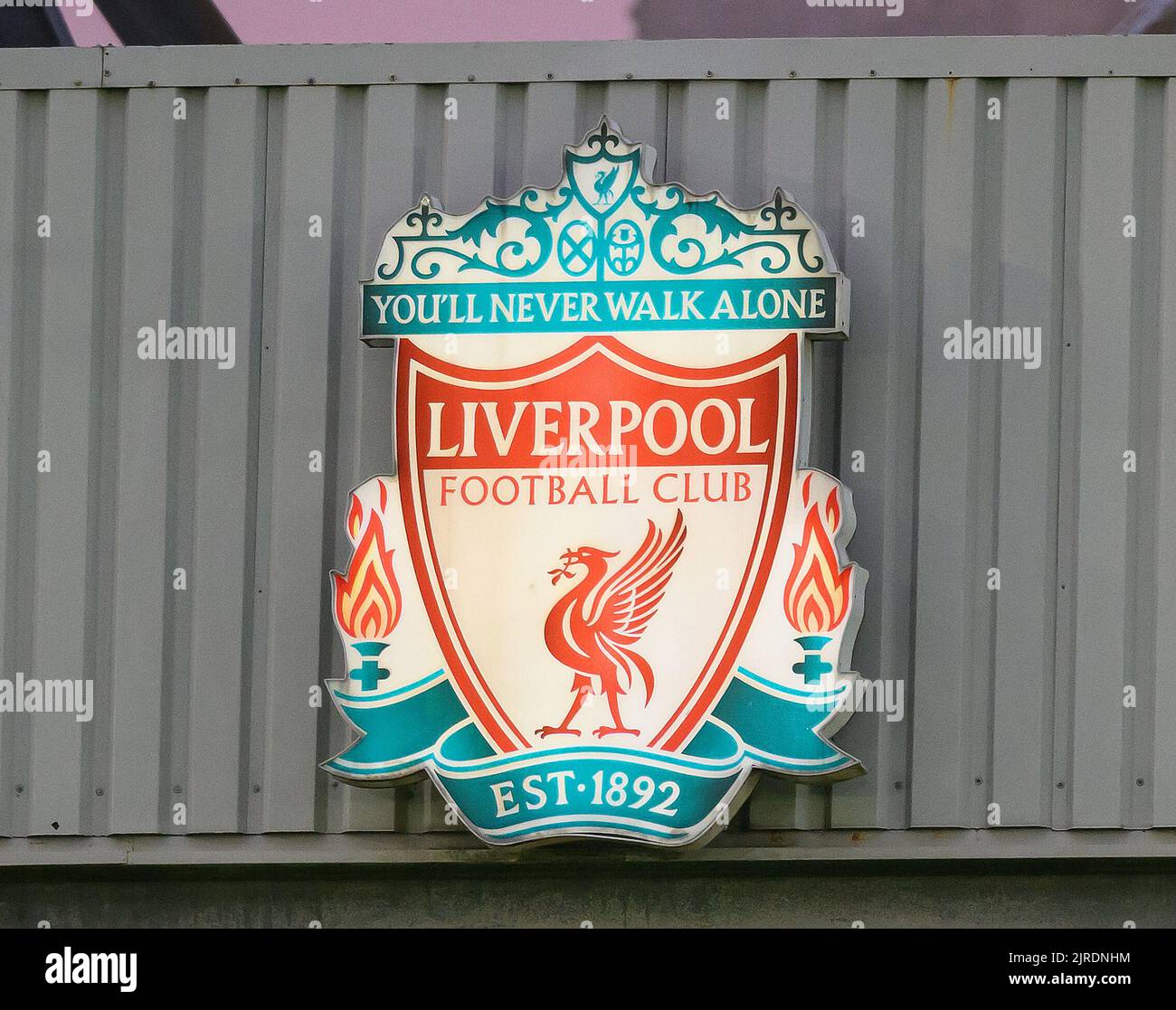 15 Aug 2022 - Liverpool v Crystal Palace - Premier League - Anfield  The Liverpool club crest on the main stand at the Anfield Road End Picture : Mark Pain / Alamy Live News Stock Photo