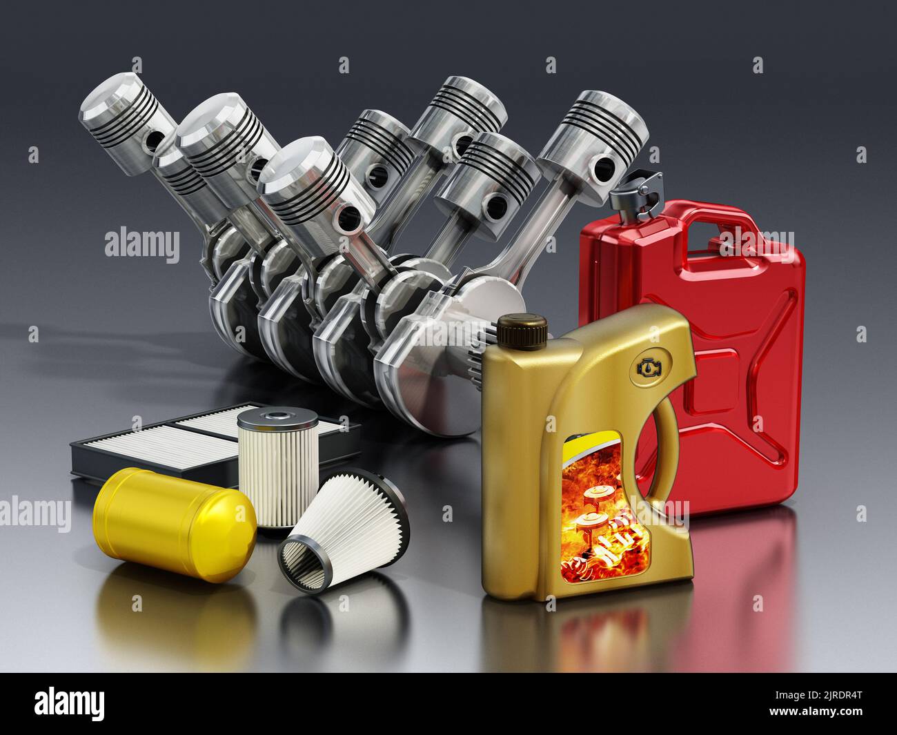 V6 engine, gas canister, oil bottle and spare filters. 3D illustration. Stock Photo