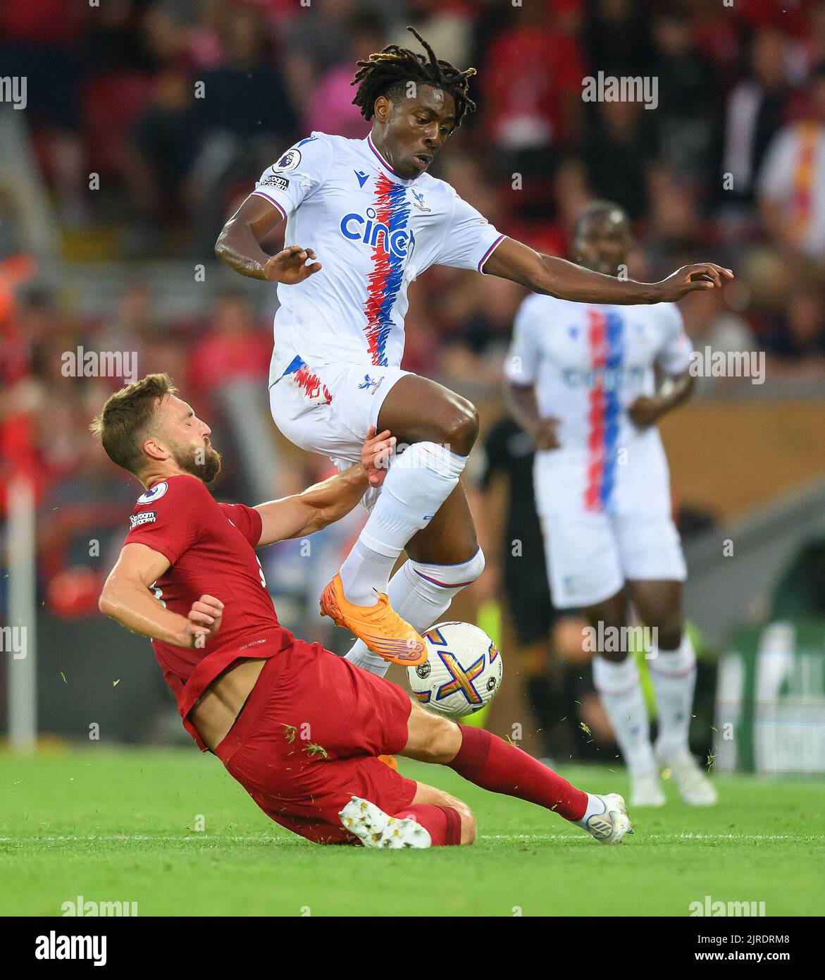 15 Aug 2022 - Liverpool v Crystal Palace - Premier League - Anfield  Crystal Palace's Eberichi Eze tackled by Nat Phillips during the Premier League match at Anfield.  Picture : Mark Pain / Alamy Live News Stock Photo