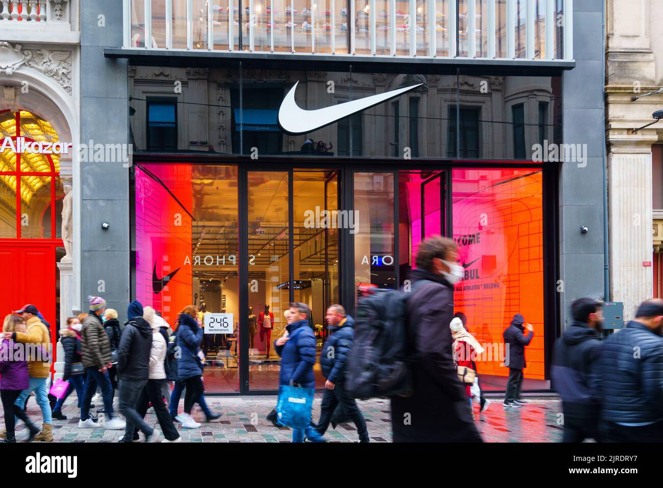Istanbul, Turkey - Mar 20. 2022: Close-up Landscape View of Nike Store in Istiklal Street in Taksim District. Stock Photo
