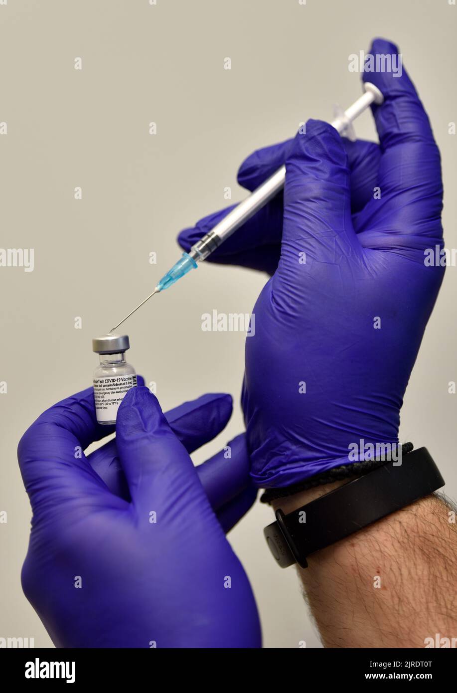 COVID-19 Vaccine about to be administered in GP surgery during vaccine roll out, Bordon, Hampshire, UK. Stock Photo