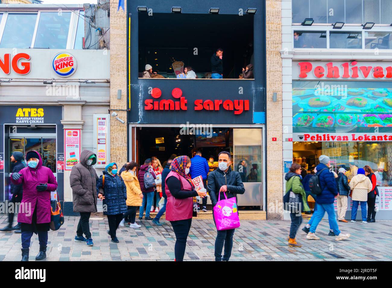 Istanbul, Turkey - Mar 20, 2022: Landscape Street View of Simit Saray, a Local Fast Food and Coffeeshop Chain of Turkey. Stock Photo