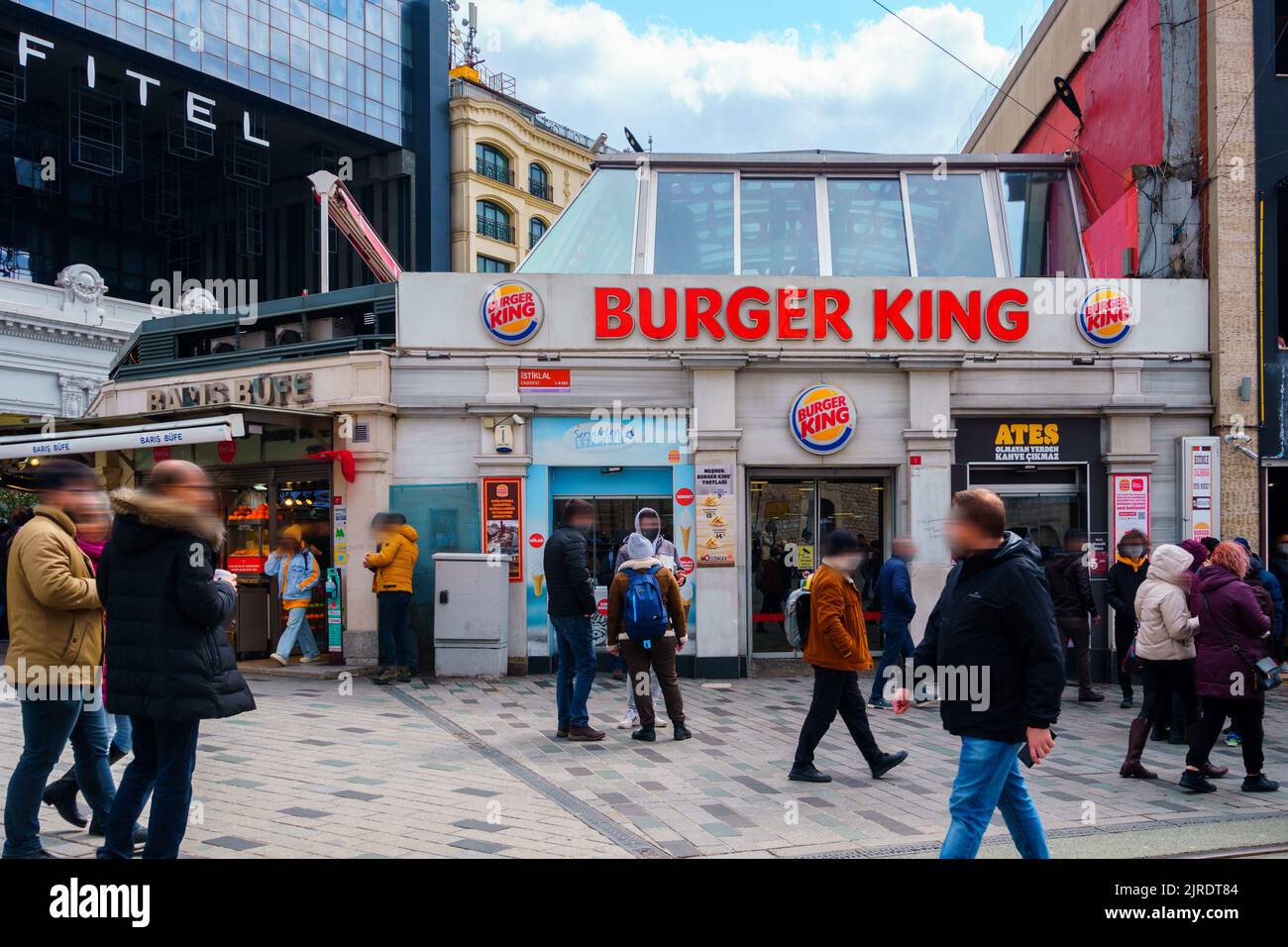 Istanbul, Turkey - Mar 20, 2022: Landscape Street View of Burger King Restaurant in Iskilal Street. Stock Photo