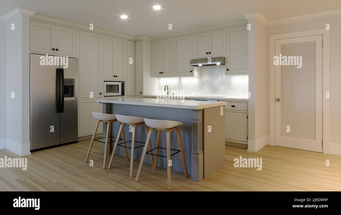 3d rendering of an interior with a white kitchen Stock Photo - Alamy