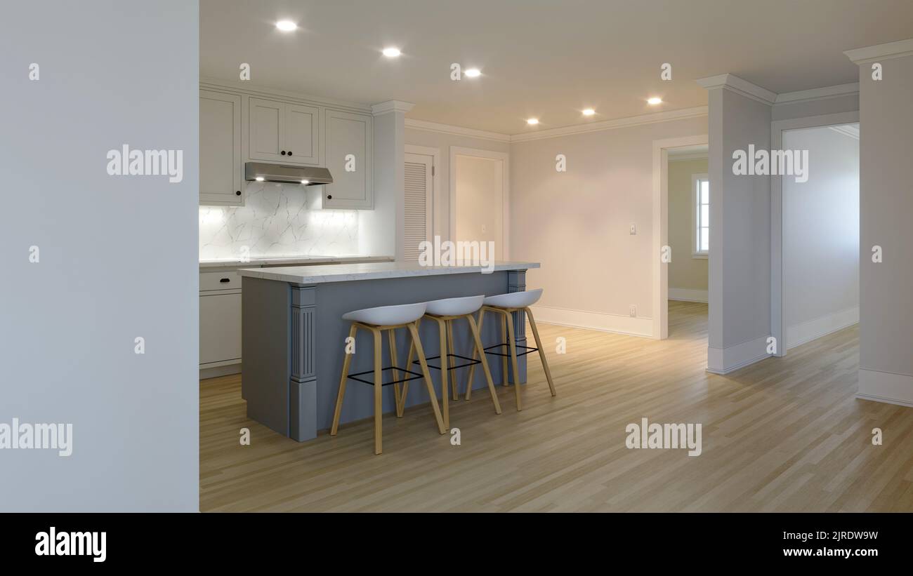 3d rendering of an interior with a white kitchen Stock Photo - Alamy