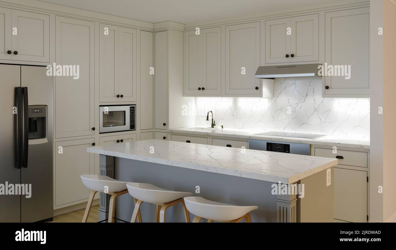 3d rendering of an interior with a white kitchen Stock Photo - Alamy