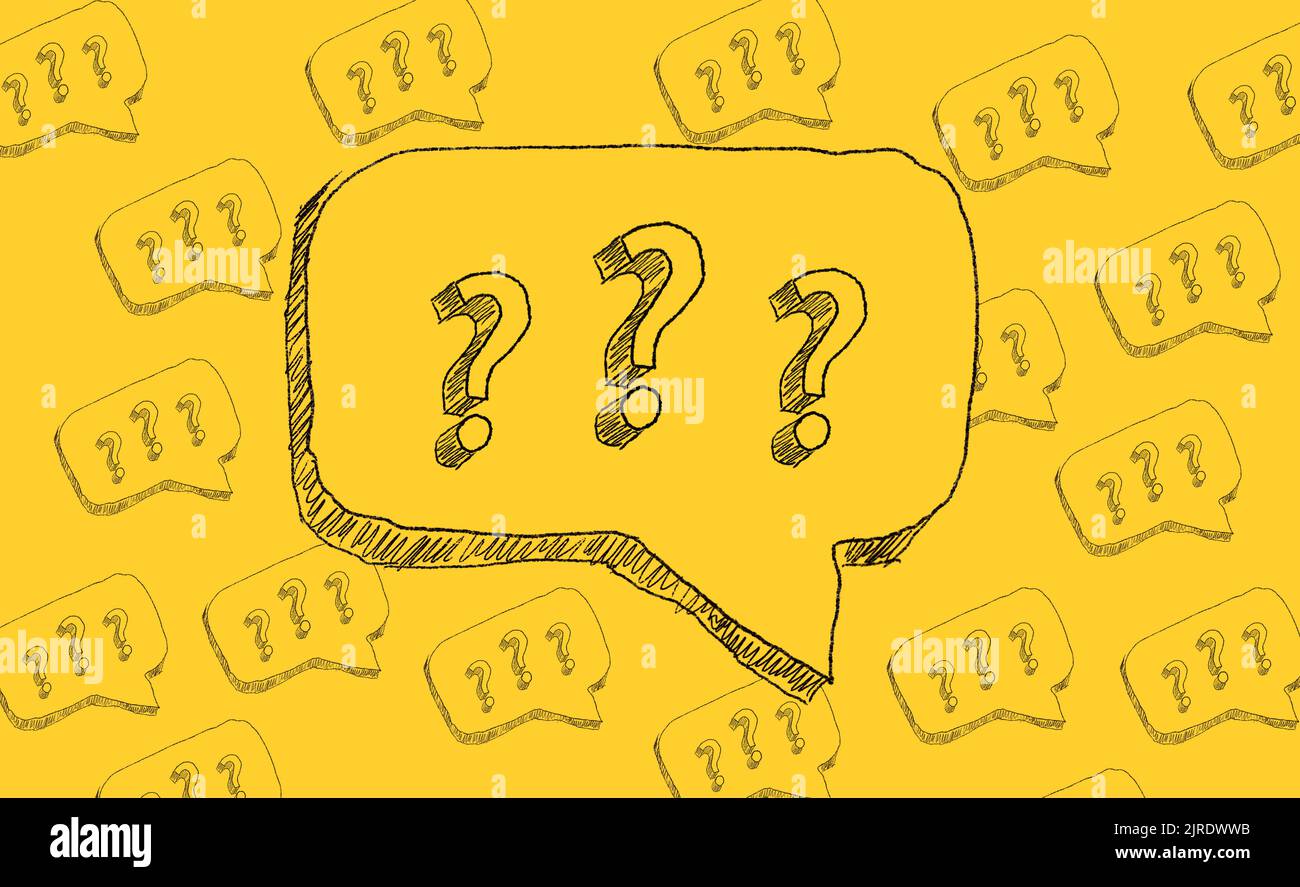 Hand drawn question marks in speech bubbles on yellow background. Ask for help. FAQ concept