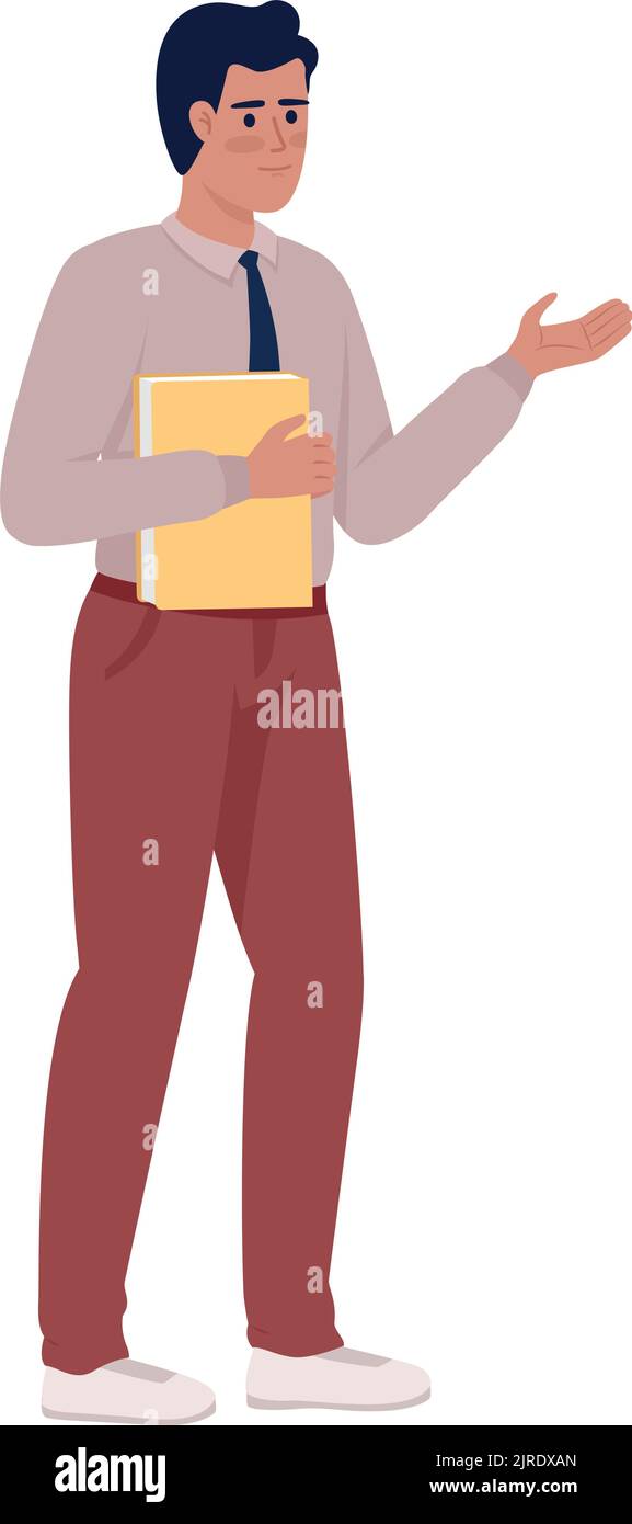 Businessman with folder pointing aside semi flat color vector character Stock Vector