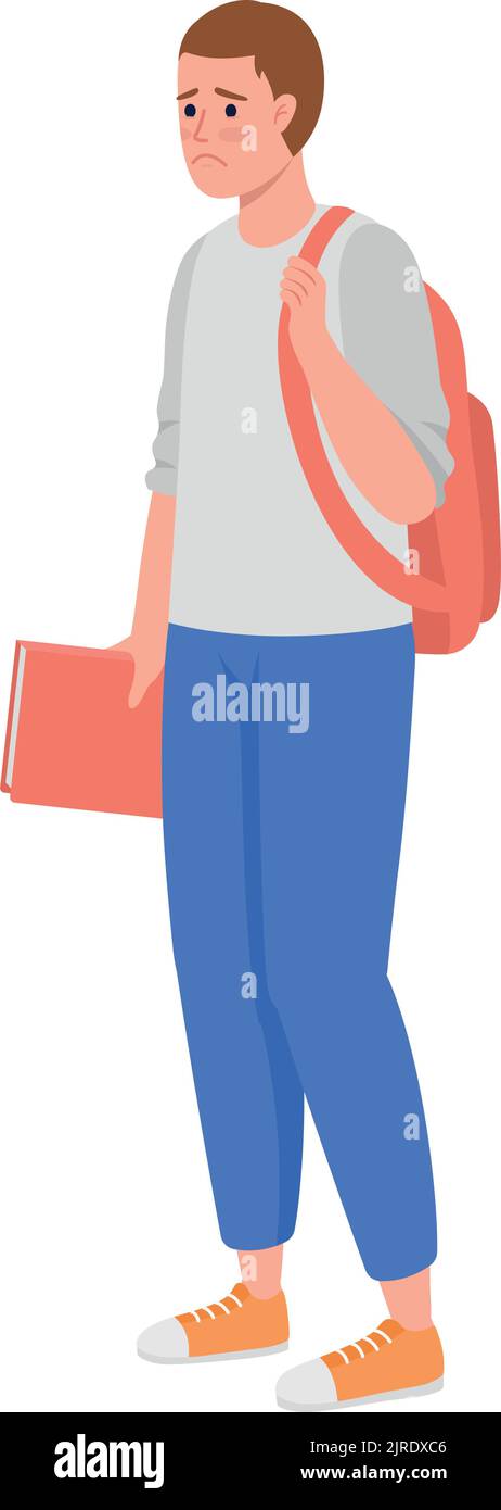 Upset student with backpack and textbook semi flat color vector character Stock Vector