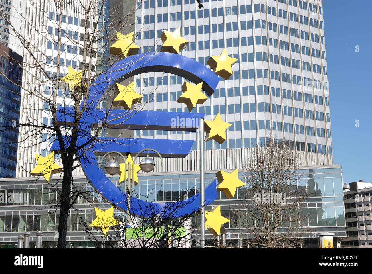 The Euro sign in front of the central bank building in Frankfurt am Main, Germany Stock Photo