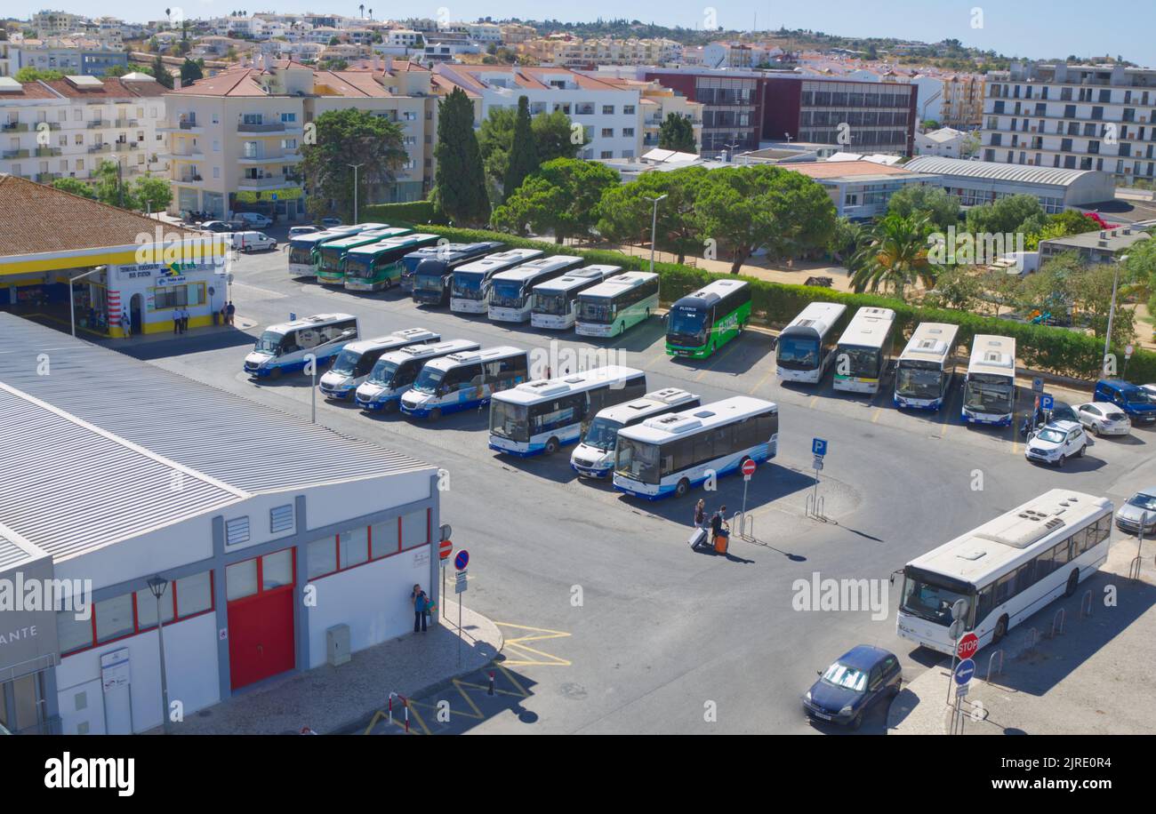 Lagos, Portugal - August 16 2022: Aerial View of Central Bus Station on Marina Port in Lagos, Portugal in Peak Summer Stock Photo