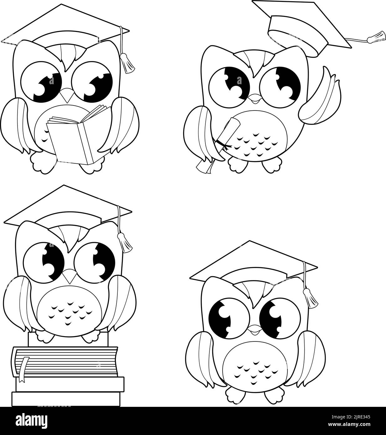 Owls with graduation hats. Vector black and white coloring page Stock Vector
