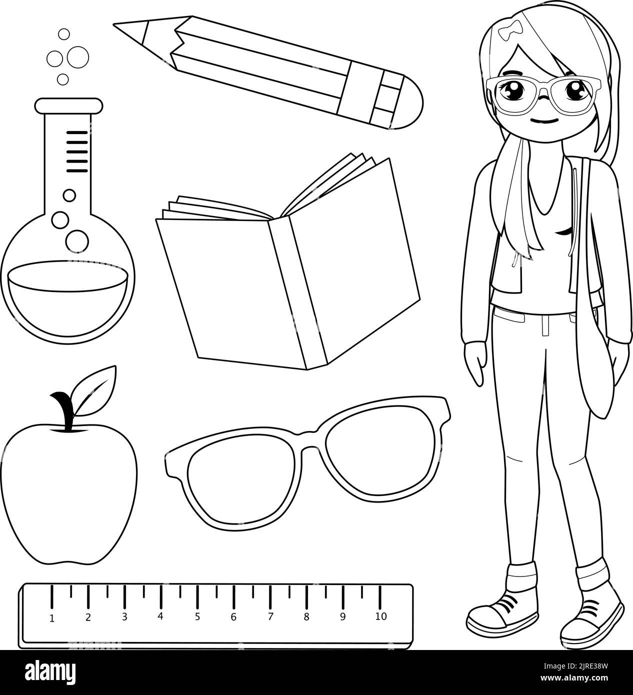 Student girl and set of school objects. Vector black and white coloring page Stock Vector