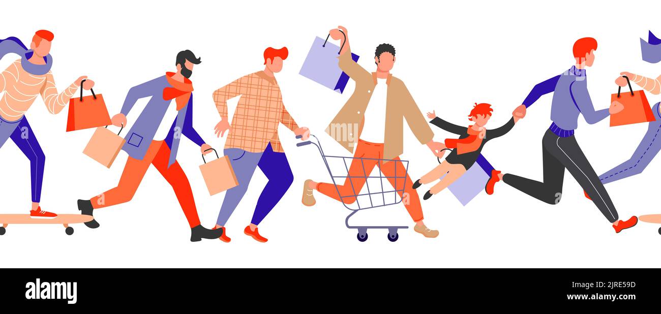 Seamless border with Group of colorful people in hurry. Male and female