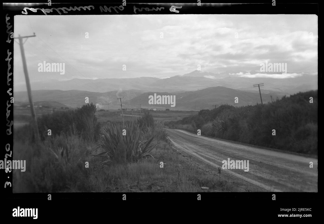 Ohai village and ... mountains from east, 03 May 1950, by Leslie Adkin. Stock Photo
