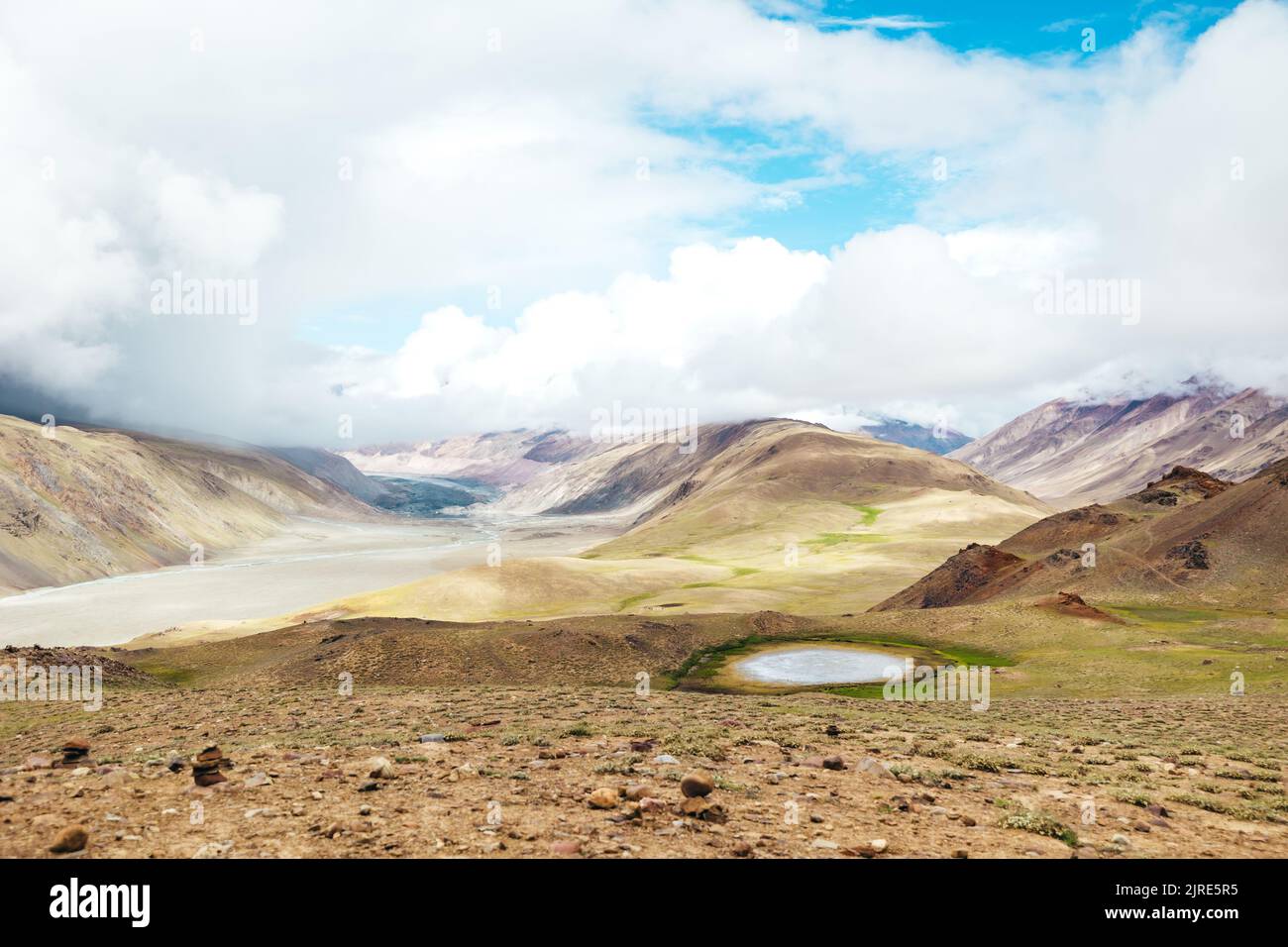 beautiful landscape of meadow at Upper Chandra Taal Lake in Spiti Valley of Himachal Pradesh India Stock Photo