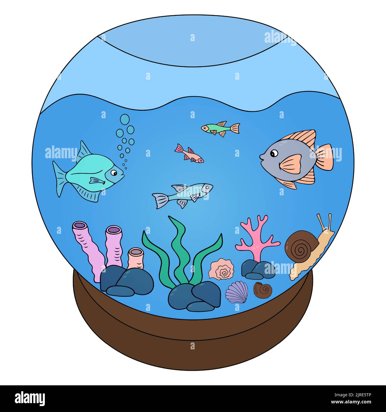 Aquarium with fish. Glass housing for aquatic plants and animals. Color vector illustration. Pets in the water behind glass. Isolated background. Stock Vector
