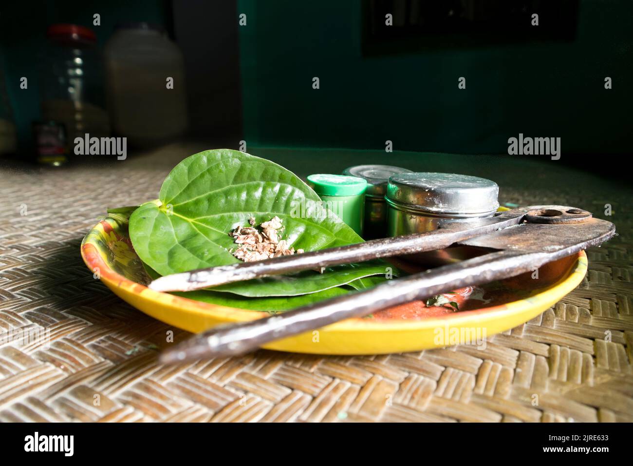 Betel leaf and its ingredients for flavoring in chewing areca nut (betel nut). It is an evergreen, dioecious perennial, with glossy heart-shape Stock Photo