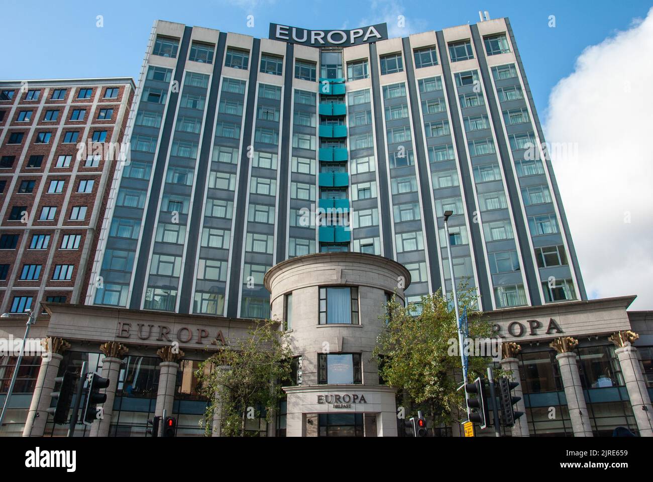 Belfast, UK – October, 30, 2019 –  Facade view of the four-star Europa Hotel on Great Victoria Street, Belfast, Northern Ireland Stock Photo